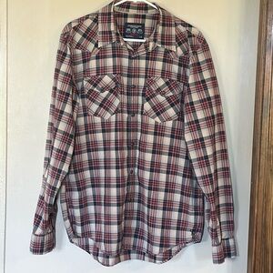 American Eagle Men’s navy blue/red and cream plaid western cut shirt. Size L